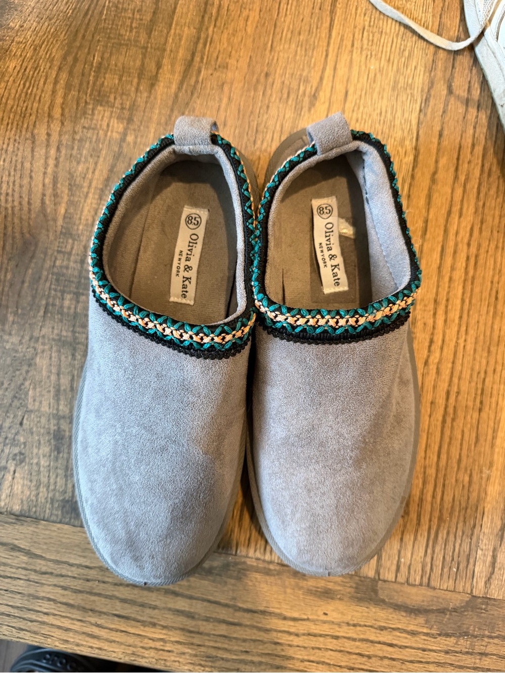 Women's Gray Suede Slip-On Ankle Booties with Teal Trim
